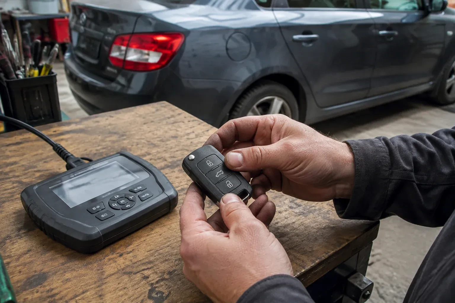 Hands holding a black car key fob above a workbench, beside a wired handheld device with a screen. — Car Key Replacement, Pickering