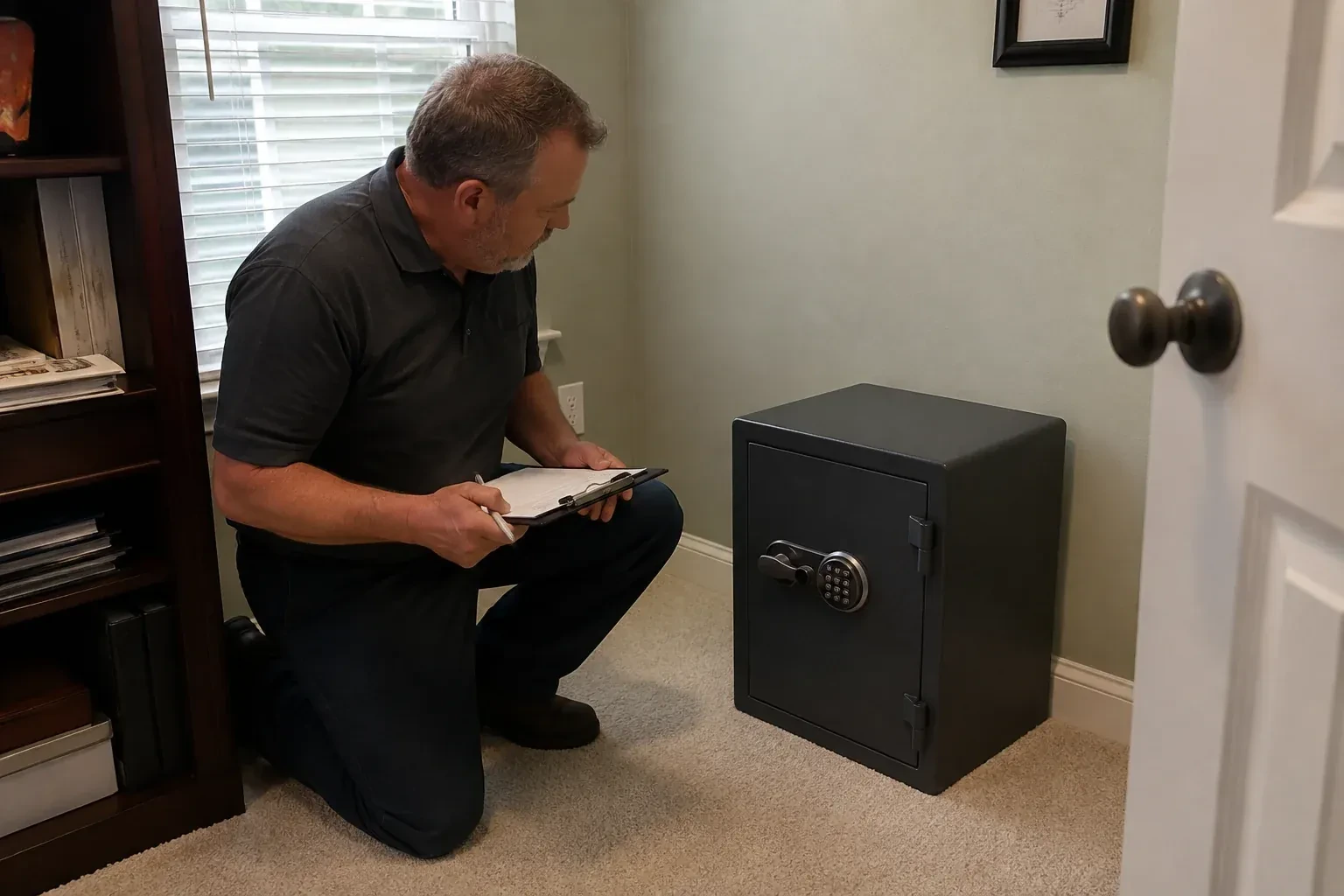 Person holding a clipboard beside a closed black safe with a circular keypad in a carpeted room. — Safe Installation & Servicing, Pickering
