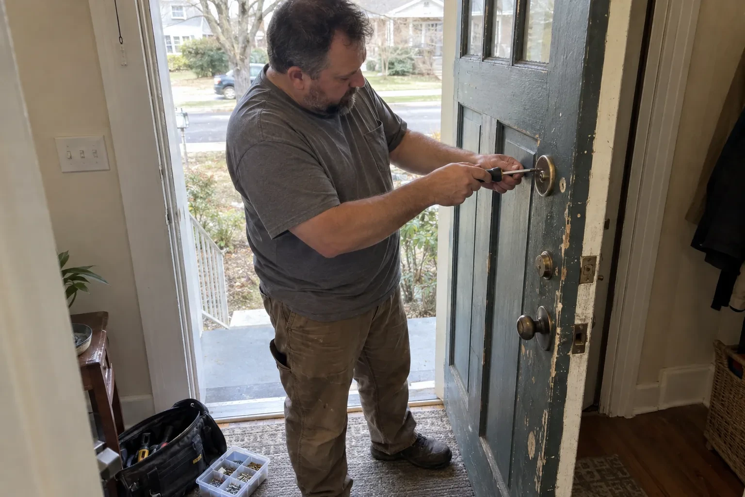 Technician using a screwdriver on the deadbolt of an open blue-gray front door, with a tool bag and screw tray nearby. — Deadbolt Installation, Pickering