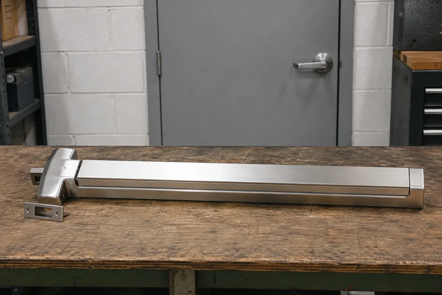Detached horizontal exit device and separate strike component on a workshop bench. — Panic & Exit Hardware, Pickering