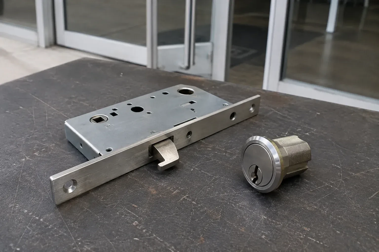 Detached mortise lock body with a projecting hook-shaped bolt beside a threaded cylinder. — Commercial-Grade Lock Replacement, Pickering