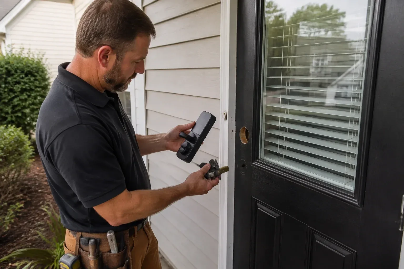 Person holding a black door-handle assembly and a latch beside a glazed door with exposed lock openings. — Smart Lock Installation, Pickering