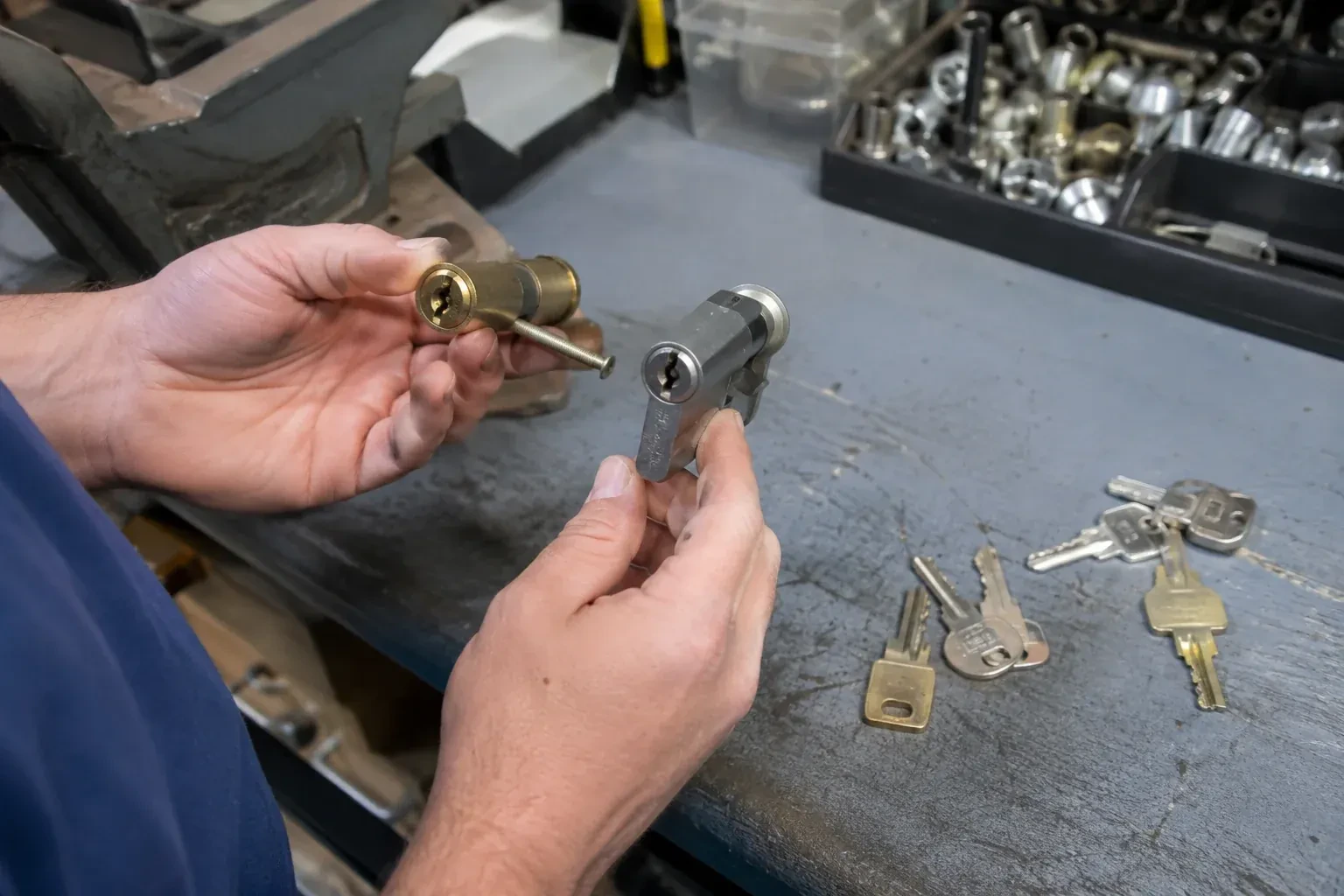 Hands comparing detached lock cylinders beside loose keys on a workbench. — Broken Key Extraction, Pickering
