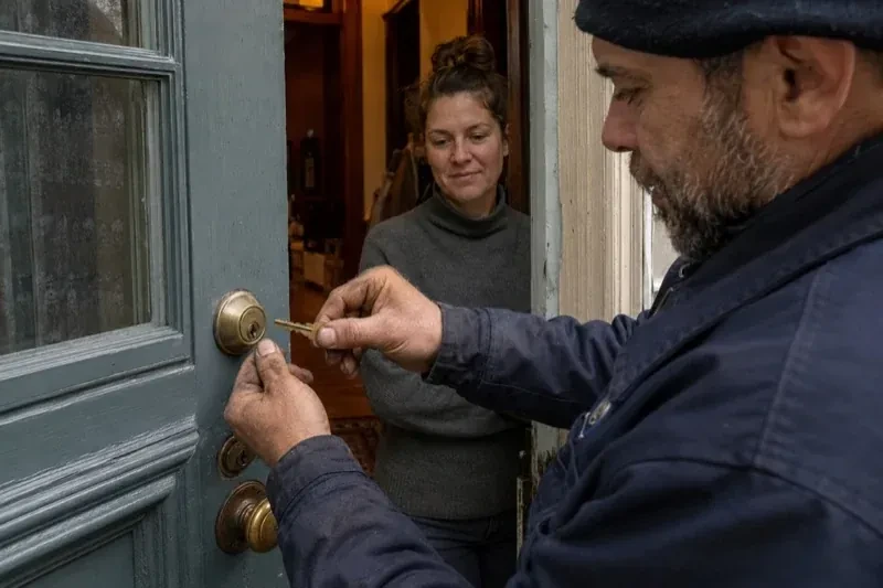 Person holding a key beside a brass-colored deadbolt on an open painted door while another person watches from inside. — Home Lockout Service, Pickering