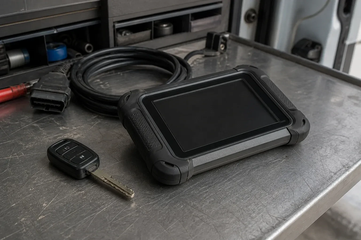 Vehicle key beside a dark diagnostic tablet and coiled connector cable on a workbench. — Transponder Key Programming, Pickering