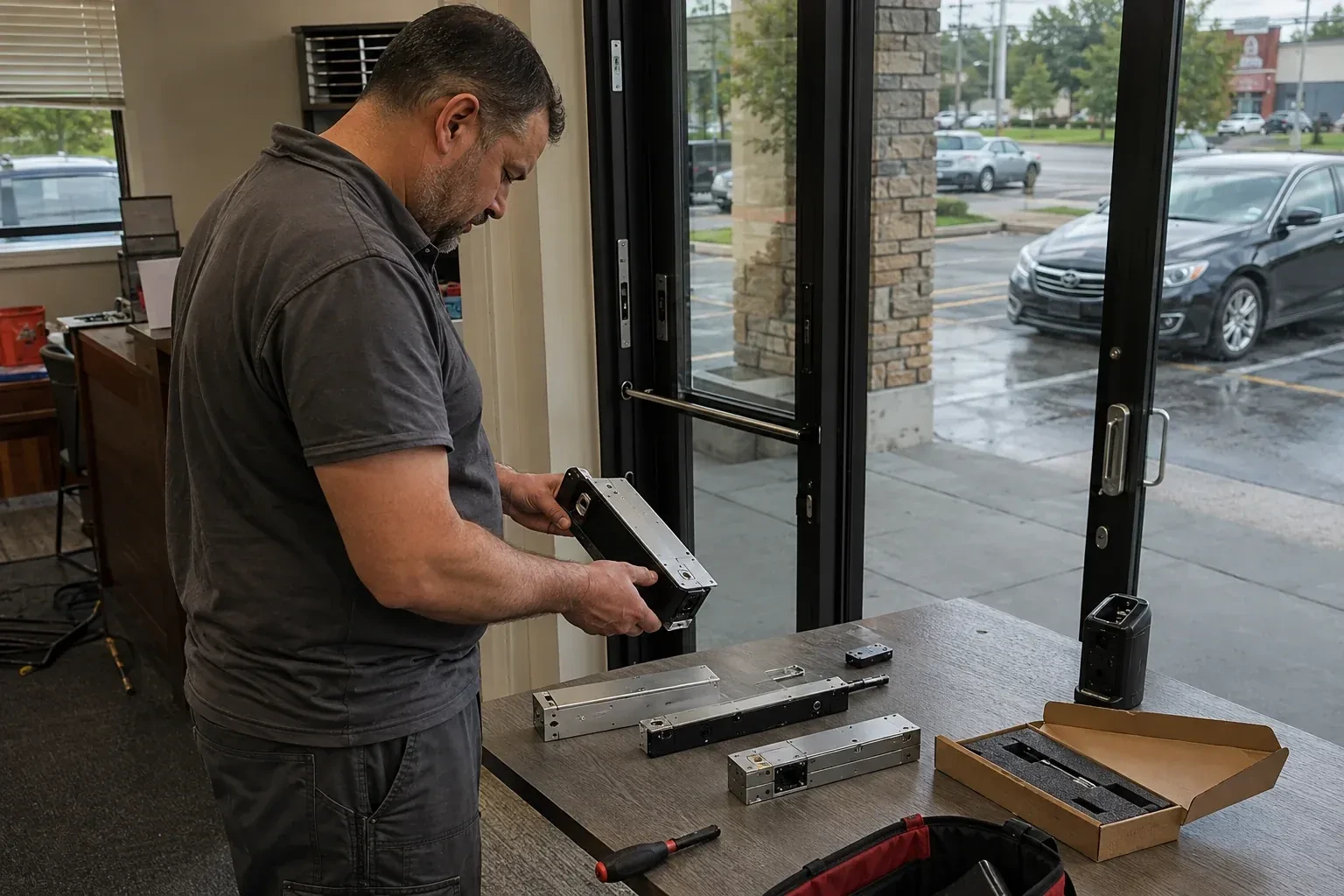 Person holding a rectangular door-hardware housing at a table with additional metal assemblies beside a glass entrance. — Access Control Installation, Pickering