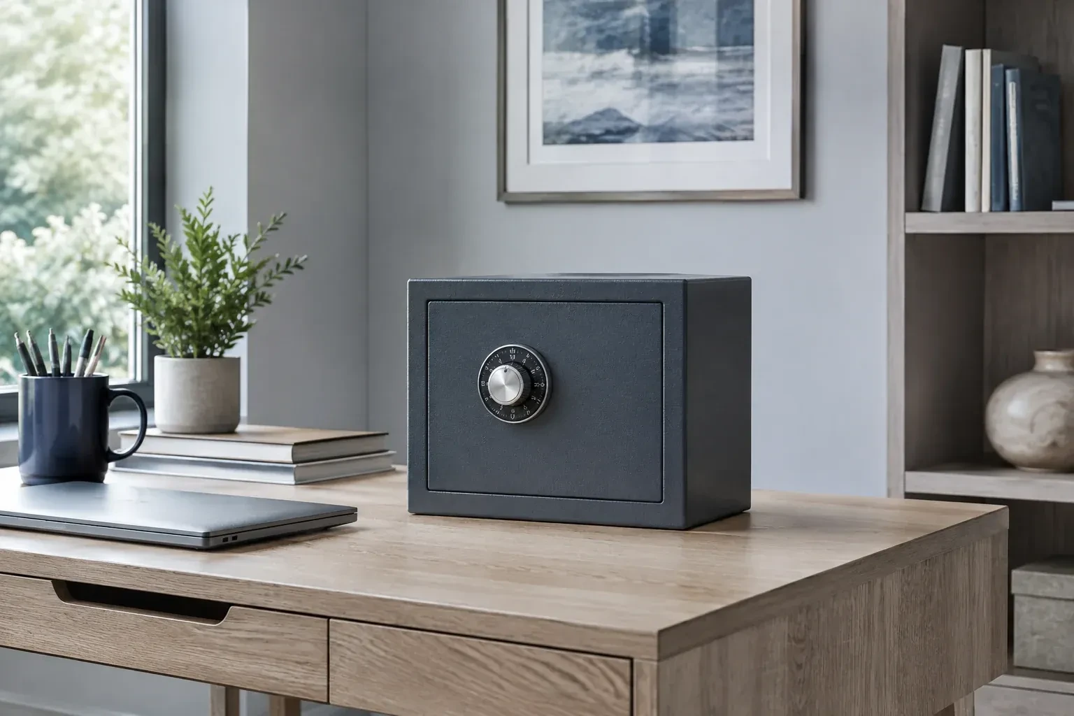 Small dark safe with a combination dial on a wooden desk beside a closed laptop and books. — Safe Opening & Combination Change, Pickering