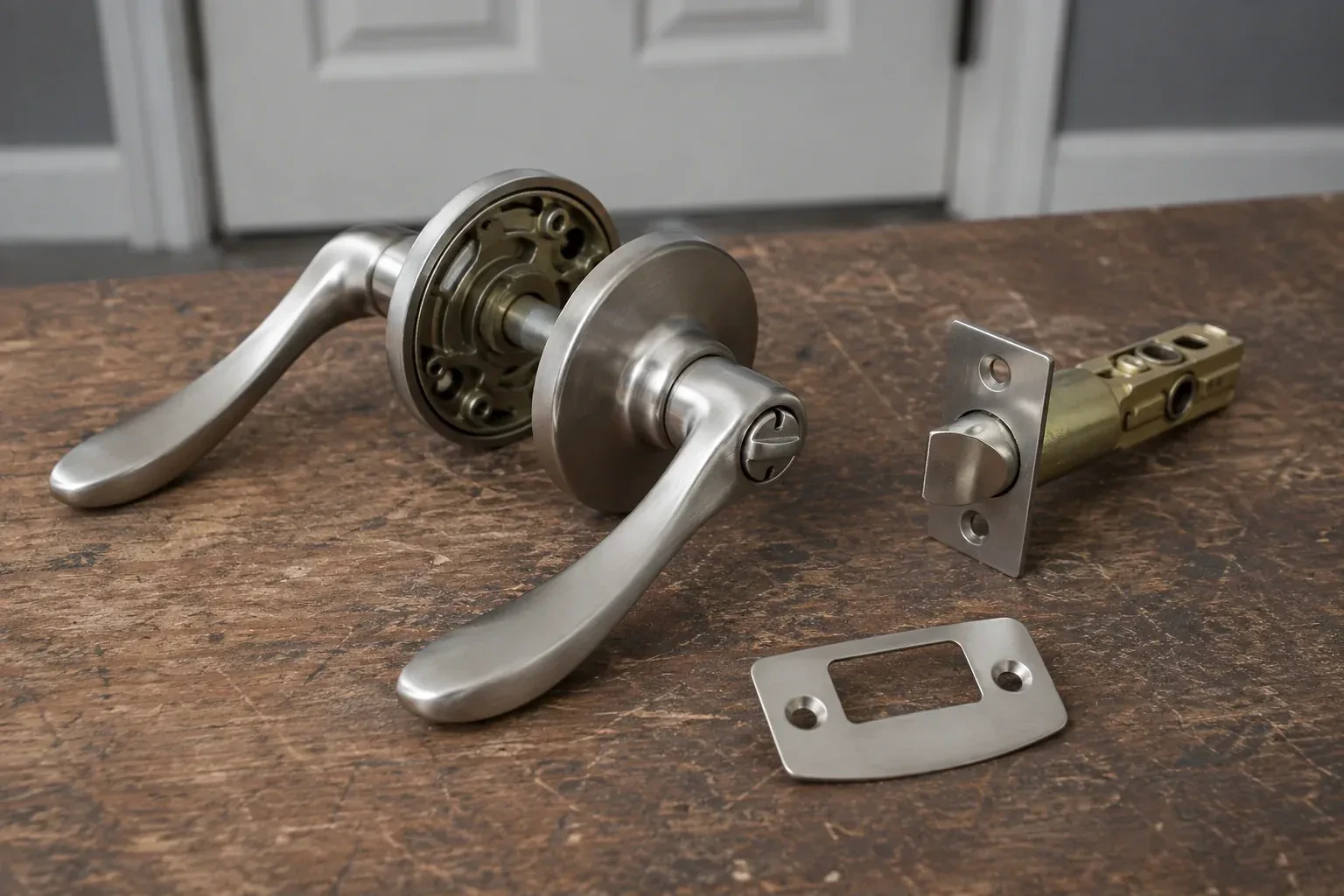 Detached satin-nickel lever hardware, tubular latch and strike plate on a wooden workbench. — Lock Replacement & Upgrade, Pickering