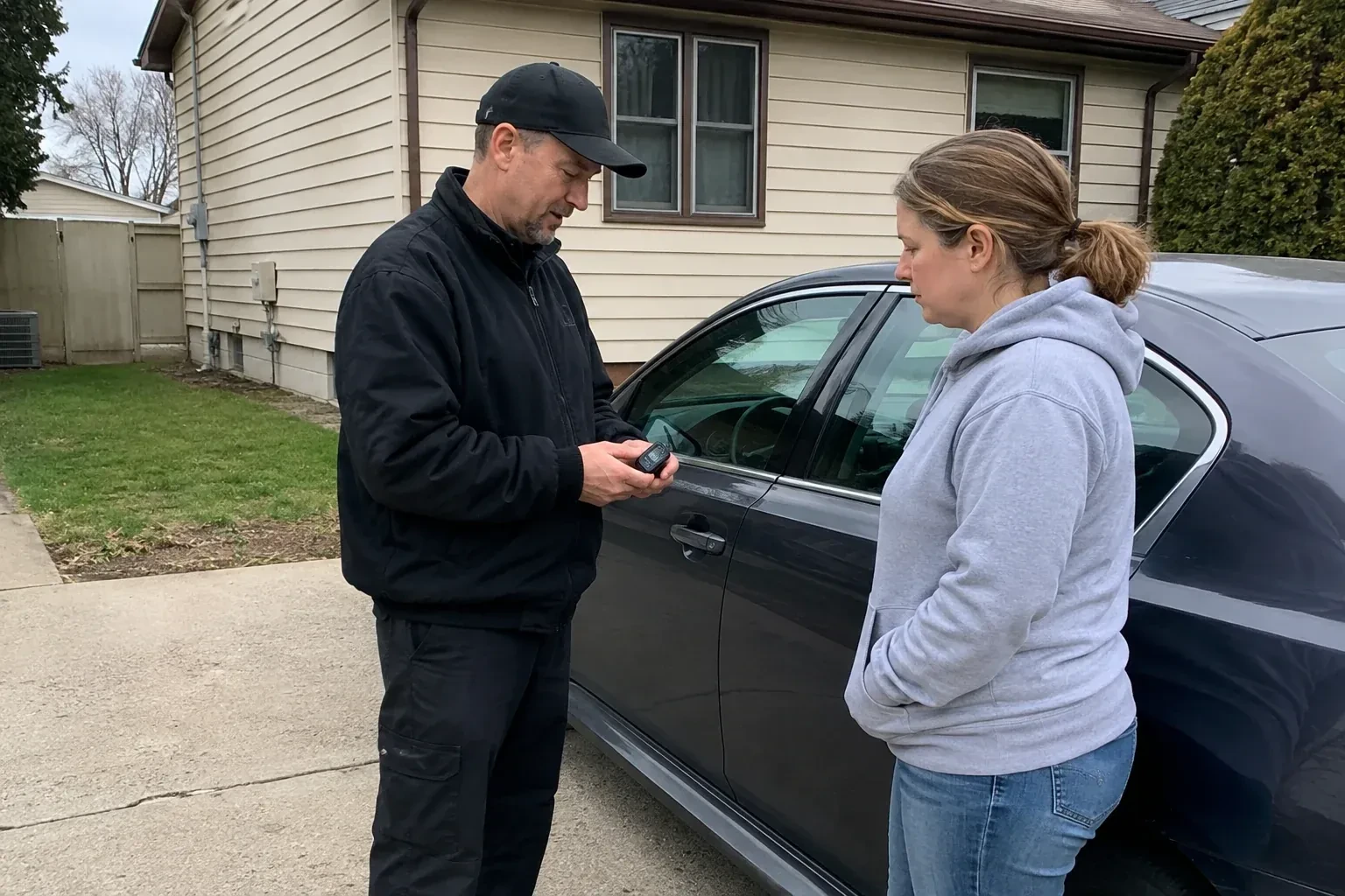 Two people standing beside a parked sedan, one wearing a cap and holding a small black device. — Vehicle Lock Repair, Pickering
