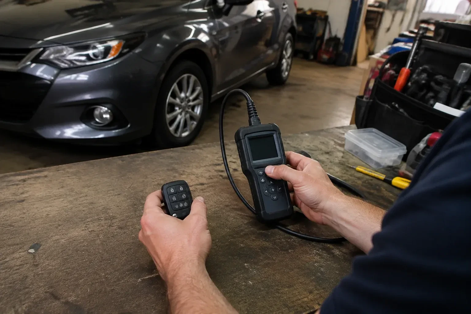Hands holding a car-key fob and a small wired electronic device above a workbench in a garage with a parked car. — Key Fob Programming, Pickering