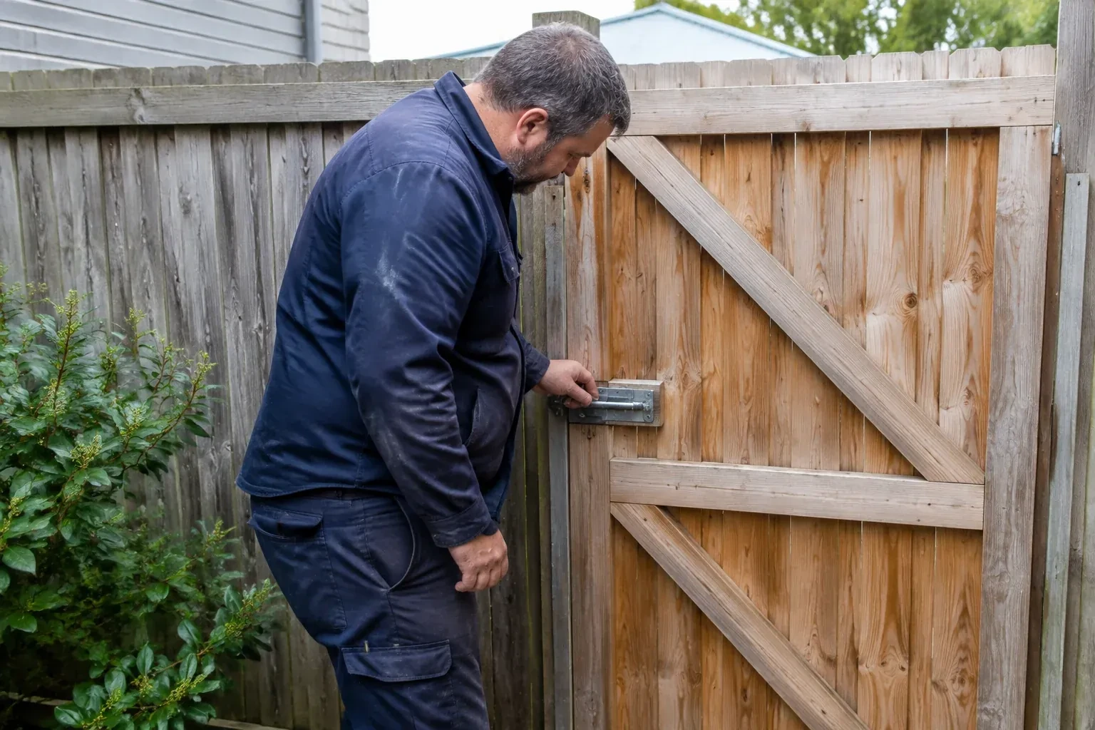 Person touching the sliding metal bolt on a wooden garden gate. — Gate & Building Entry Locks, Pickering