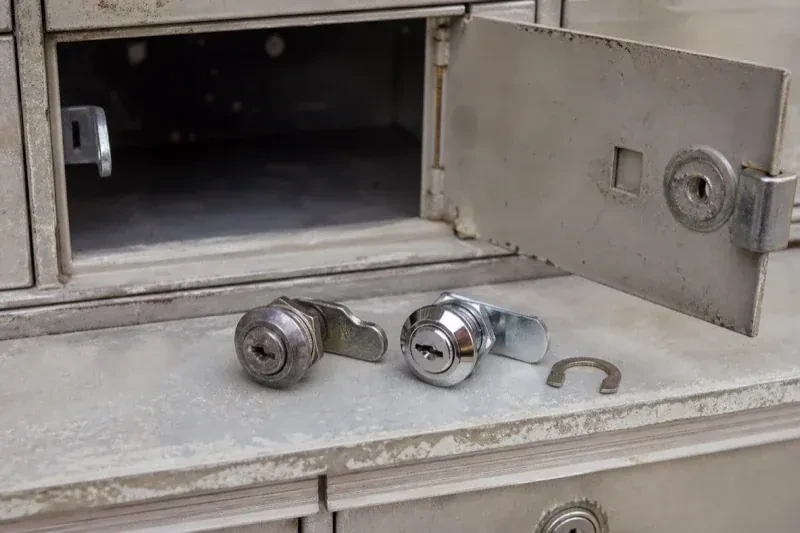 Two loose cam locks and a retaining clip resting below an open metal mailbox compartment. — Mailbox Lock Replacement, Pickering