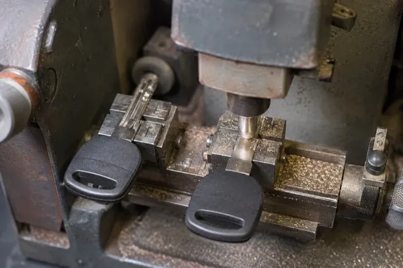 Two black-headed keys clamped in a bench machine, one beneath a vertical cutter, with metal shavings around the clamps. — Spare Car Key Duplication, Pickering