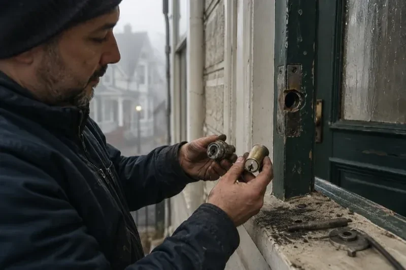 Person holding two lock cylinders beside an open painted door, with loose hardware and debris on the sill. — Seized & Jammed Lock Opening, Pickering
