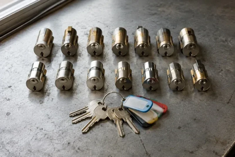 Two rows of lock cylinders on a metal surface with keys and colored key tags in front. — Master Key System Design, Pickering