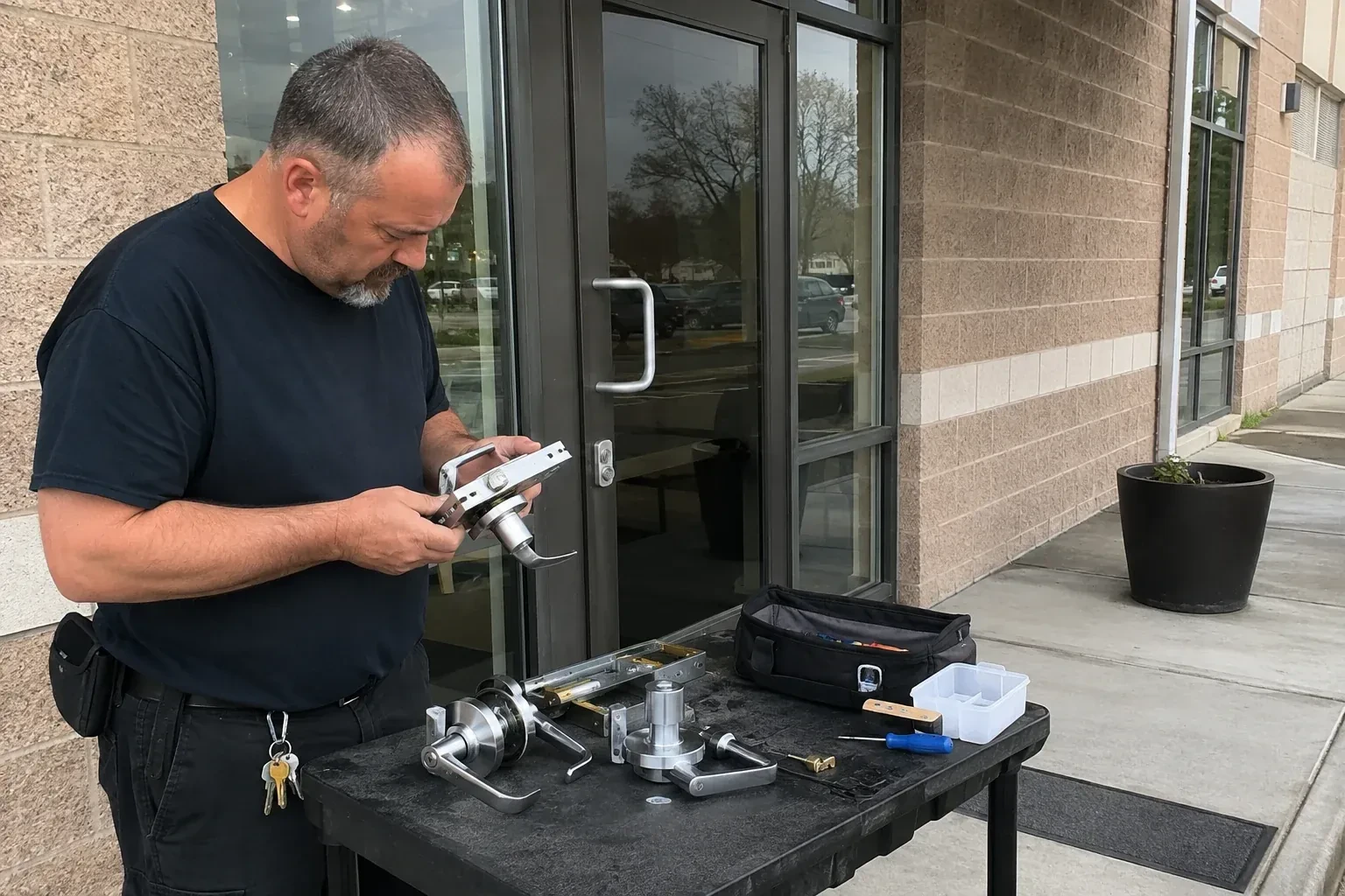 Person holding a door-handle and latch assembly at a worktable outside a glass entrance, with additional handles and tools laid out. — Commercial Rekeying, Pickering